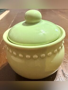 Pottery Barn Emma Green Ceramic Sugar Jar with Lid